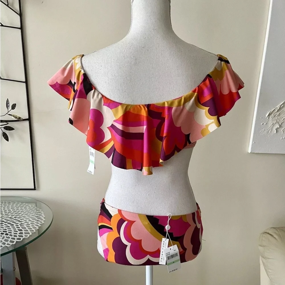 Trina Turk Fan Faire Colorful Ruffle Bandeau Bikini Set Size 8 NWT